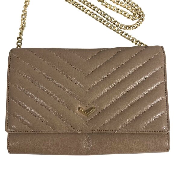 Botkier NY Taupe Leather Chevron Quilted Crossbody Wallet Gold Chain Strap - Picture 2 of 16